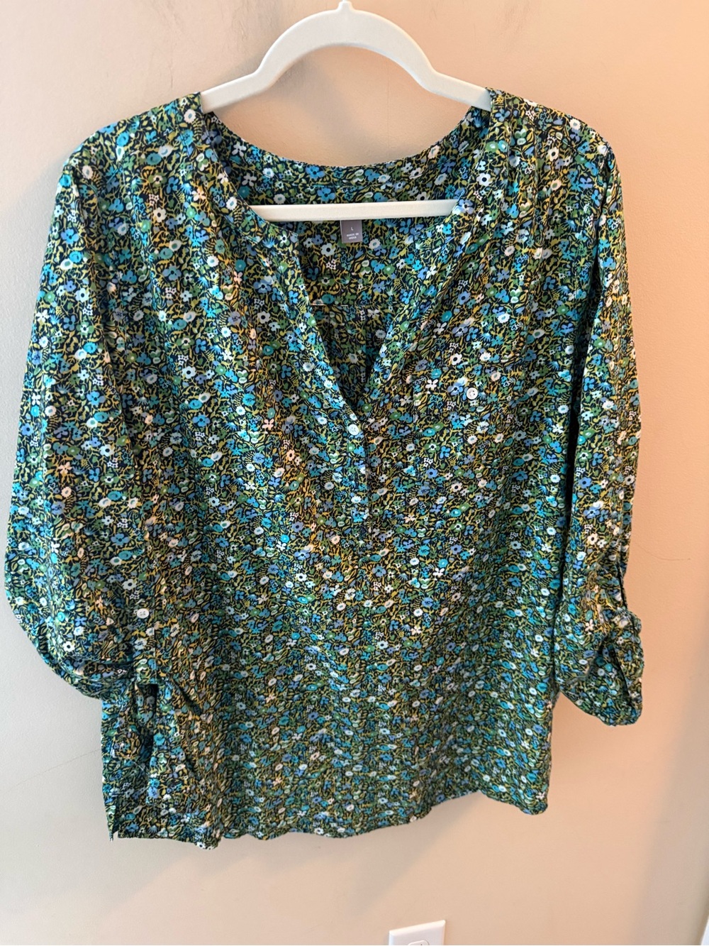J Jill 3/4 Sleeve Floral Print Cotton Top roll tab sleeve pocket size L